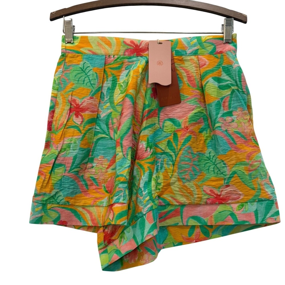 Amiani Tropical Floral Print High Waisted‎ Shorts Orange Green Size Medium NWT